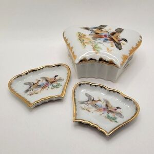 Porcelain Trinket Box 4 pc. Tray Set Japan Vintage Pheasant Gold Leaf